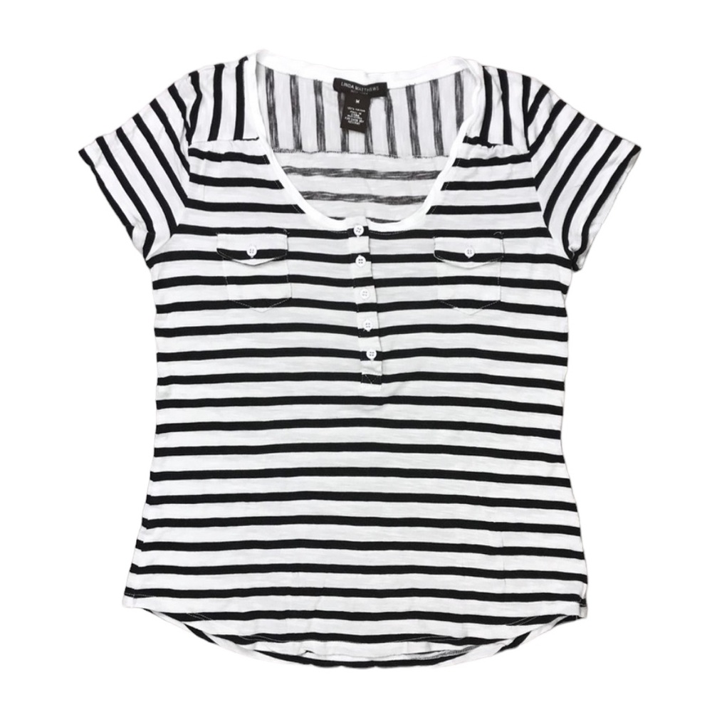 Linda Mathews Scoop Neck Short Sleeve Shirt Medium Black White